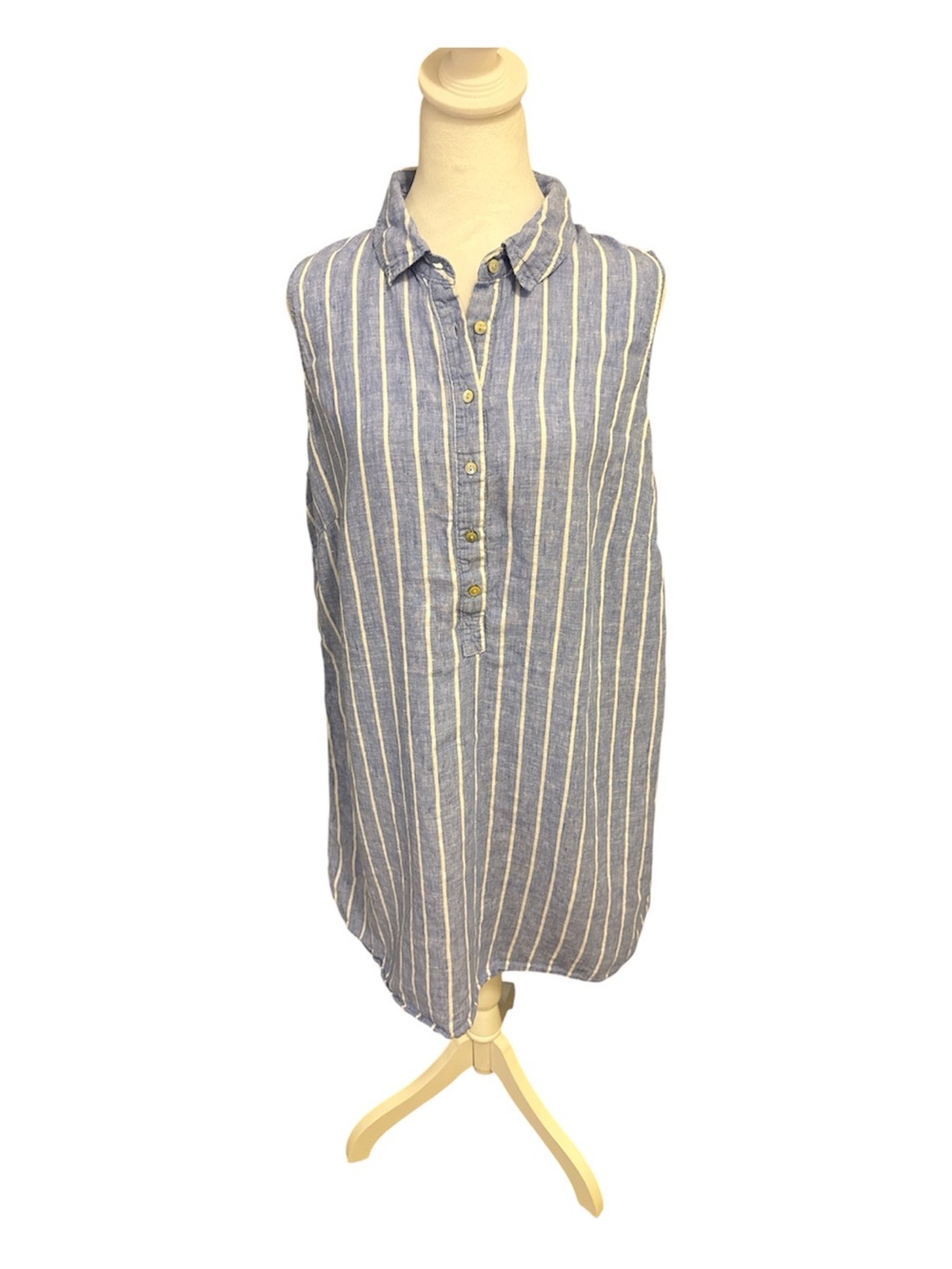 Sleeveless Linen Chambray seersucker Pinstripe Midi Dress